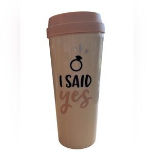 “I Said Yes” Travel Tumbler Plastic Beige Pink Slide Lock Lid Novelty 500ml